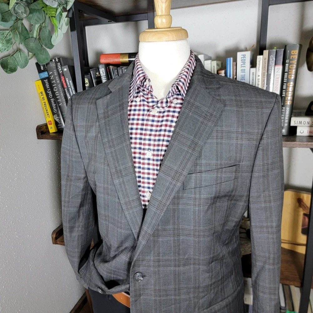 Stafford Men's Sport Coat Blazer Two Button Gray Brown Plaid Classic‎ Fit Sz 44R